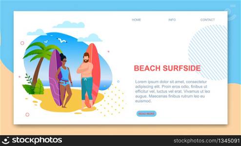 Landing Page Template Presents Beach Surfside. Cartoon Multiracial Team Ready to Surf on Ocean Waves. Flat Vector Caucasian Man and Afro American Woman with Surfboard Illustration. Travel Agency Offer. Landing Page Template Presenting Beach Surfside