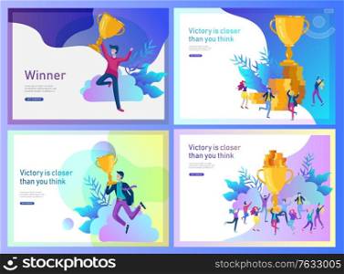 Landing page template set. Business Team Success hold Golden winner cup, concept of people are happy with victory. Office Workers Celebrating with Big Trophy, ways goals. Landing page template set. Business Team Success hold Golden winner cup, concept of people are happy with victory. Office Workers Celebrating with Big Trophy
