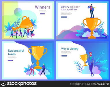 Landing page template set. Business Team Success hold Golden winner cup, concept of people are happy with victory. Office Workers Celebrating with Big Trophy, ways goals. Landing page template set. Business Team Success hold Golden winner cup, concept of people are happy with victory. Office Workers Celebrating with Big Trophy