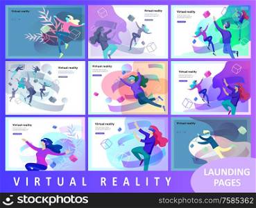 Landing page template set. Man and woman wearing virtual reality headset and looking at abstract sphere. Colorful vr world. Virtual augmented reality glasses concept with people learning and entertaining. Landing page template set. Man and woman wearing virtual reality headset and looking at abstract sphere. Colorful vr world. Virtual augmented reality glasses concept with people learning