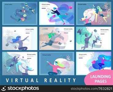 Landing page template set. Man and woman wearing virtual reality headset and looking at abstract sphere. Colorful vr world. Virtual augmented reality glasses concept with people learning and entertaining. Landing page template set. Man and woman wearing virtual reality headset and looking at abstract sphere. Colorful vr world. Virtual augmented reality glasses concept with people learning