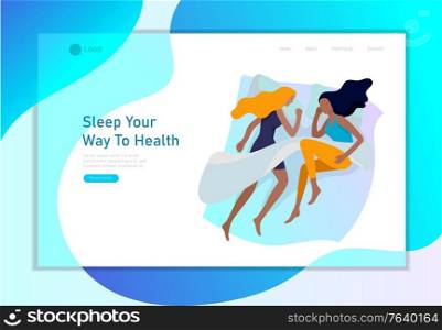 Landing page template sleeping people character. Family are sleep in bed together in various poses, different postures during night slumber. Top view. Colorful vector illustration. Collection of sleeping people character. Family with child are sleep in bed together and alone in various poses, different postures during