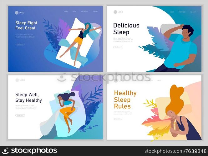 Landing page template sleeping people character. Family with child are sleep in bed together and alone in various poses, different postures during night slumber. Top view. Colorful vector illustration. Collection of sleeping people character. Family with child are sleep in bed together and alone in various poses, different postures during