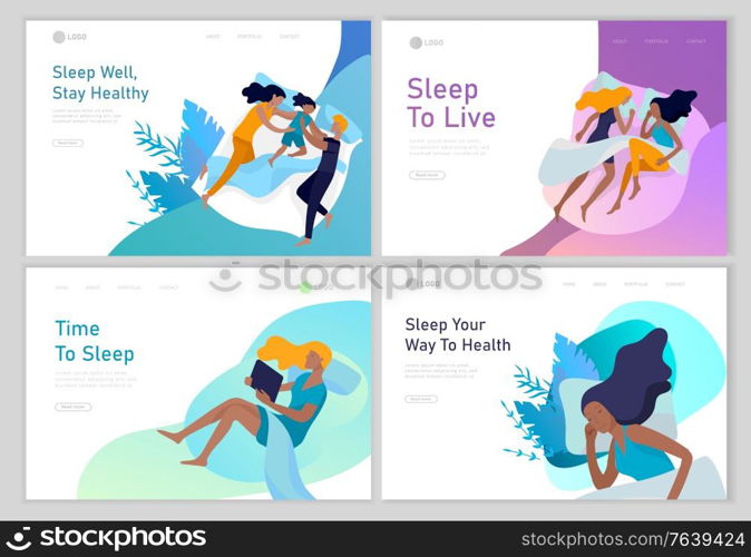 Landing page template sleeping people character. Family with child are sleep in bed together and alone in various poses, different postures during night slumber. Top view. Colorful vector illustration. Collection of sleeping people character. Family with child are sleep in bed together and alone in various poses, different postures during