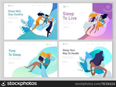 Landing page template sleeping people character. Family with child are sleep in bed together and alone in various poses, different postures during night slumber. Top view. Colorful vector illustration. Collection of sleeping people character. Family with child are sleep in bed together and alone in various poses, different postures during