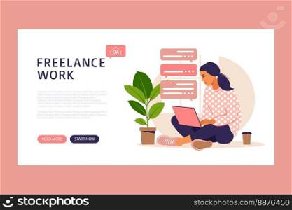 Landing page template with a freelancer girl working at home on laptop and drinking coffee. Cooperation in the field of online communications. Vector illustration.