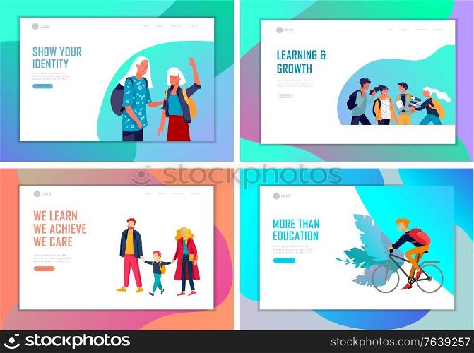 Landing page template with Back to school flat vector illustration. Preteen and teenage schoolkids. Parents with kids, schoolmates, friends cartoon characters. Schoolboys and schoolgirls. Landing page template with Back to school flat vector illustration. Preteen and teenage schoolkids. Parents with kids, schoolmates, friends cartoon characters. Schoolboys and