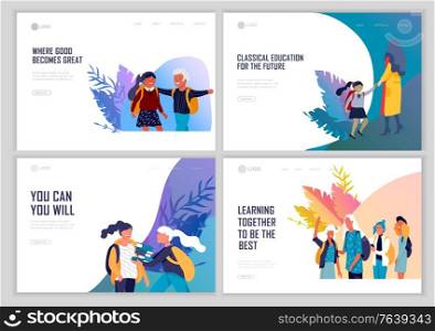 Landing page template with Back to school flat vector illustration. Preteen and teenage schoolkids. Parents with kids, schoolmates, friends cartoon characters. Schoolboys and schoolgirls. Landing page template with Back to school flat vector illustration. Preteen and teenage schoolkids. Parents with kids, schoolmates, friends cartoon characters. Schoolboys and