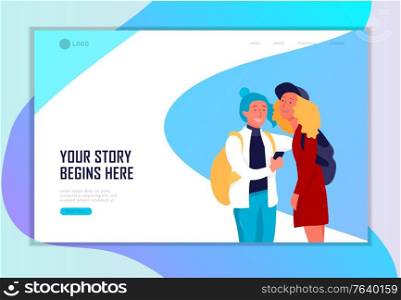 Landing page template with Back to school flat vector illustration. Preteen and teenage schoolkids. Schoolmates, friends cartoon characters. Schoolboys and schoolgirls. Landing page template with Back to school flat vector illustration. Preteen and teenage schoolkids. Schoolmates, friends cartoon characters. Schoolboys