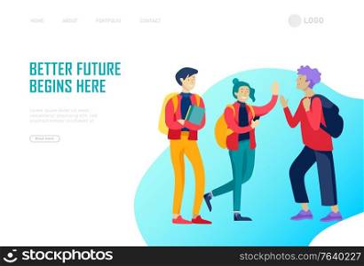 Landing page template with Back to school flat vector illustration. Preteen and teenage schoolkids. Schoolmates, friends cartoon characters. Schoolboys and schoolgirls. Landing page template with Back to school flat vector illustration. Preteen and teenage schoolkids. Schoolmates, friends cartoon characters. Schoolboys