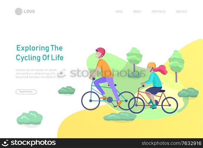 Landing page template with children boy and girl riding bicycles. People cycling outdoor activities concept at park, healty life style. Cartoon illustration. Landing page template with people riding bicycles, man waving his hand, mother riding bicycles with child. People cycling outdoor activities concept at park, healty life style. Cartoon