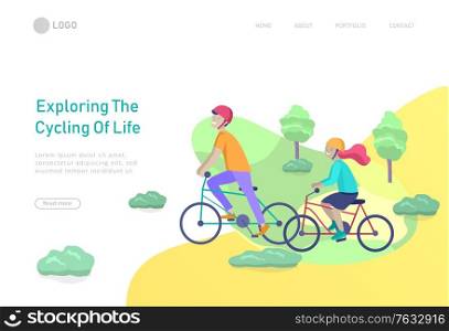 Landing page template with children boy and girl riding bicycles. People cycling outdoor activities concept at park, healty life style. Cartoon illustration. Landing page template with people riding bicycles, man waving his hand, mother riding bicycles with child. People cycling outdoor activities concept at park, healty life style. Cartoon