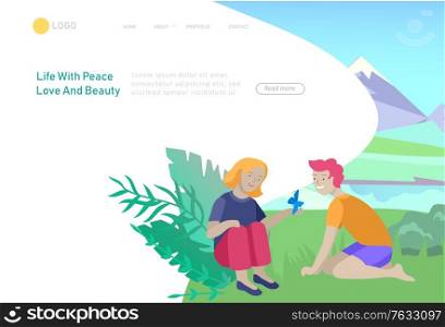 Landing page template with children girl and boy see a butterfly. Outdoor activities concept. Cartoon illustration. Landing page template with couple running on sunset, children girl and boy see a butterfly, mother riding bicycles with child, woman doing yoga. Outdoor activities concept. Cartoon