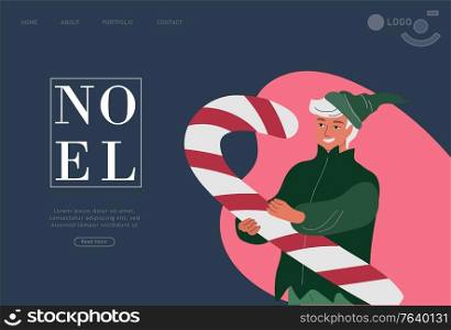 Landing page template with Christmas and New Year holiday elf portrait photo with big candy. Animator in christmas costume. Christmas winter fair. Cartoon vector illustration. Landing page template with Christmas and New Year holiday set with Santa, elf, penguin and snowman portrait photo. Mother father with children with animator in christmas