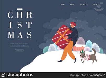 Landing page template with Christmas and New Year holiday man portrait photo with big gift. Christmas winter fair. Cartoon vector illustration. Landing page template with Christmas and New Year holiday man portrait photo with big gift. Christmas winter fair. Cartoon vector