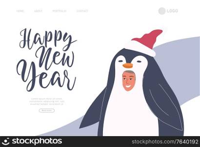 Landing page template with Christmas and New Year holiday penguin portrait photo. Mother father with children with animator in christmas costume. Caroon vector illustration. Landing page template with Christmas and New Year holiday penguin portrait photo. Mother father with children with animator in christmas costume. Caroon vector
