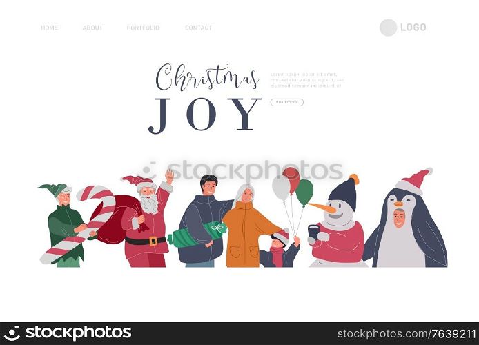 Landing page template with Christmas and New Year holiday set with Santa, elf, penguin and snowman portrait photo with happy family. Mother father with children with animator in christmas costume. Landing page template with Christmas and New Year holiday set with Santa, elf, penguin and snowman portrait photo with happy family. Mother father with children with animators