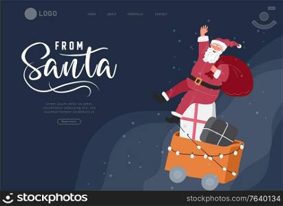 Landing page template with Christmas and New Year holiday set with Santa rides on holiday train with gifts. Christmas winter fair. Cartoon vector illustration. Landing page template with Christmas and New Year holiday set with Santa. Christmas winter fair. Cartoon vector illustration