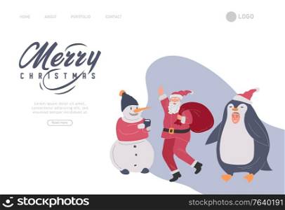 Landing page template with Christmas and New Year holiday set with Santa, elf, penguin and snowman portrait photo. Mother father with children with animator in christmas costume. Landing page template with Christmas and New Year holiday set with Santa, elf, penguin and snowman portrait photo. Mother father with children with animator in christmas