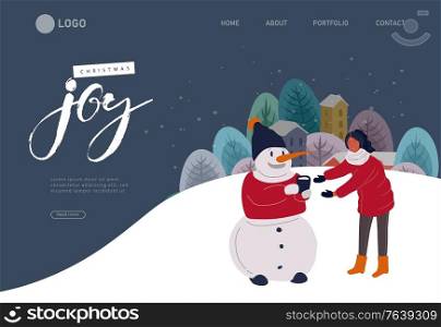 Landing page template with Christmas and New Year holiday set with snowman and girl portrait photo. Cartoon vector illustration. Landing page template with Christmas and New Year holiday set with snowman and girl portrait photo. Cartoon vector