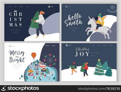 Landing page template with Christmas holiday outdoor fair or street market on town square invitation card. Characters people walking between decorated stalls or kiosks. Holiday New year shopping. Landing page template with Christmas holiday outdoor fair or street market on town square invitation card. Characters people walking between decorated stalls or kiosks. Holiday New year
