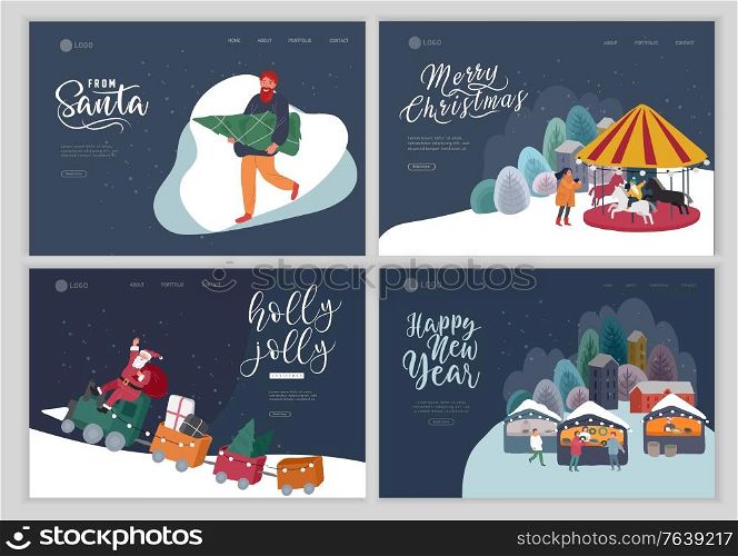 Landing page template with Christmas holiday outdoor fair or street market on town square invitation card. Characters people walking between decorated stalls or kiosks. Holiday New year shopping. Landing page template with Christmas holiday outdoor fair or street market on town square invitation card. Characters people walking between decorated stalls or kiosks. Holiday New year