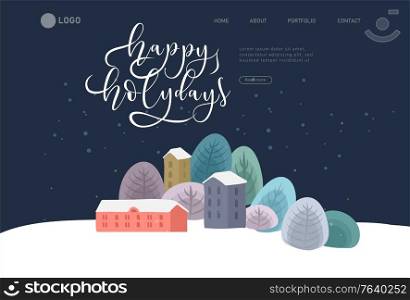 Landing page template with Christmas holiday outdoorcity snow landscape or town square invitation card. Holiday New year cartoon vector illustration. Landing page template with Christmas holiday outdoorcity snow landscape or town square invitation card. Holiday New year cartoon vector