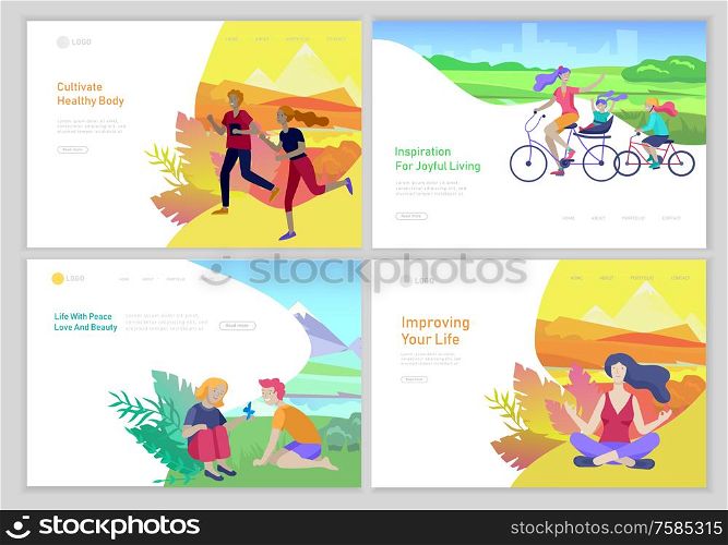 Landing page template with couple running on sunset, children girl and boy see a butterfly, mother riding bicycles with child, woman doing yoga. Outdoor activities concept. Cartoon illustration. Landing page template with couple running on sunset, children girl and boy see a butterfly, mother riding bicycles with child, woman doing yoga. Outdoor activities concept. Cartoon