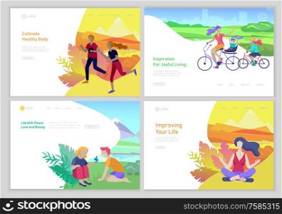 Landing page template with couple running on sunset, children girl and boy see a butterfly, mother riding bicycles with child, woman doing yoga. Outdoor activities concept. Cartoon illustration. Landing page template with couple running on sunset, children girl and boy see a butterfly, mother riding bicycles with child, woman doing yoga. Outdoor activities concept. Cartoon
