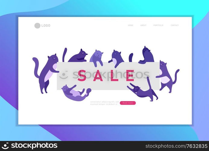 Landing page template with Cute cats holding blank banner sale message. Happy cute kitten. Cartoon style vector illustration. Landing page template with Cute cats holding blank banner sale message. Happy cute kitten. Cartoon style vector