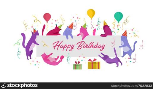 landing page template with Cute cats holding blank banner with Happy Birthday invitation. Happy cute kitty. Cartoon style vector illustration. landing page template with Cute cats holding blank banner with Happy Birthday invitation. Happy cute kitty. Cartoon style vector