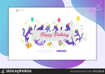 landing page template with Cute cats holding blank banner with Happy Birthday invitation. Happy cute kitty. Cartoon style vector illustration. landing page template with Cute cats holding blank banner with Happy Birthday invitation. Happy cute kitty. Cartoon style vector