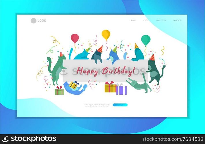 landing page template with Cute cats holding blank banner with Happy Birthday invitation. Happy cute kitty. Cartoon style vector illustration. landing page template with Cute cats holding blank banner with Happy Birthday invitation. Happy cute kitty. Cartoon style vector