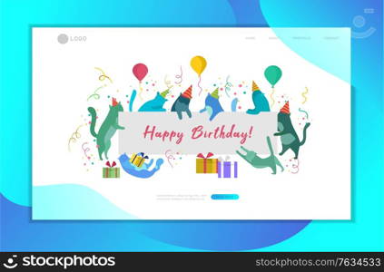 landing page template with Cute cats holding blank banner with Happy Birthday invitation. Happy cute kitty. Cartoon style vector illustration. landing page template with Cute cats holding blank banner with Happy Birthday invitation. Happy cute kitty. Cartoon style vector