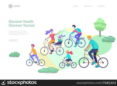 Landing page template with family riding bicycles, man waving his hand, mother riding bicycles with child. People cycling outdoor activities concept at park, healty life style. Cartoon illustration. Landing page template with people riding bicycles, man waving his hand, mother riding bicycles with child. People cycling outdoor activities concept at park, healty life style. Cartoon