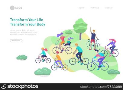 Landing page template with family riding bicycles, man waving his hand, mother riding bicycles with child. People cycling outdoor activities concept at park, healty life style. Cartoon illustration. Landing page template with people riding bicycles, man waving his hand, mother riding bicycles with child. People cycling outdoor activities concept at park, healty life style. Cartoon