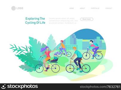 Landing page template with family riding bicycles, woman waving his hand, mother riding bicycles with child. People cycling outdoor activities concept at park, healty life style. Cartoon illustration. Landing page template with people riding bicycles, man waving his hand, mother riding bicycles with child. People cycling outdoor activities concept at park, healty life style. Cartoon