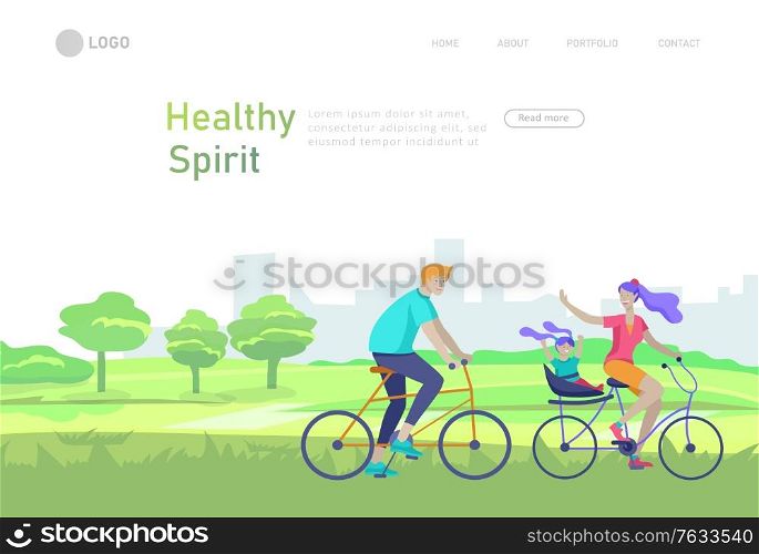 Landing page template with family riding bicycles, woman waving his hand, mother riding bicycles with child. People cycling outdoor activities concept at park, healty life style. Cartoon illustration. Landing page template with people riding bicycles, man waving his hand, mother riding bicycles with child. People cycling outdoor activities concept at park, healty life style. Cartoon