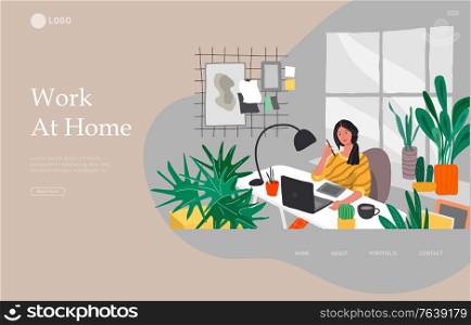 Landing page template with Freelancer designer girl working in nordic style home office with cat. Daily life and everyday routine scene by young woman in scandinavian style cozy interior. Cartoon vector illustration.. Landing page template with Freelancer designer girl working in nordic style home office with cat. Daily life and everyday routine scene by young woman in scandinavian style cozy interior. Cartoon vector