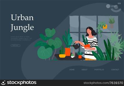 Landing page template with Girl caring for house plants in urban home garden with cat. Daily life and everyday routine scene by young woman in scandinavian style cozy interior. Cartoon vector illustration.. Landing page template with Girl caring for house plants in urban home garden with cat. Daily life and everyday routine scene by young woman in scandinavian style cozy interior. Cartoon vector