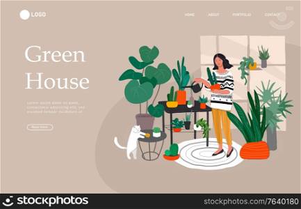 Landing page template with Girl caring for house plants in urban home garden with cat. Daily life and everyday routine scene by young woman in scandinavian style cozy interior. Cartoon vector illustration.. Landing page template with Girl caring for house plants in urban home garden with cat. Daily life and everyday routine scene by young woman in scandinavian style cozy interior. Cartoon vector