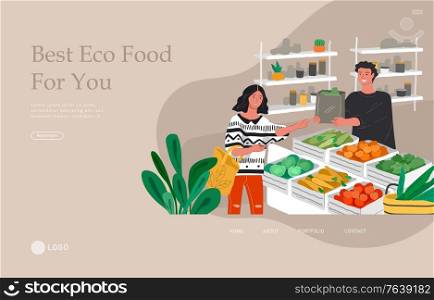 Landing page template with Girl grocery shopping healthy green eco food in a store or market. Daily life and everyday routine scene by young woman in scandinavian style cozy interior. Cartoon vector illustration. Landing page template with Girl grocery shopping healthy green eco food in a store or market. Daily life and everyday routine scene by young woman in scandinavian style cozy interior. Cartoon vector