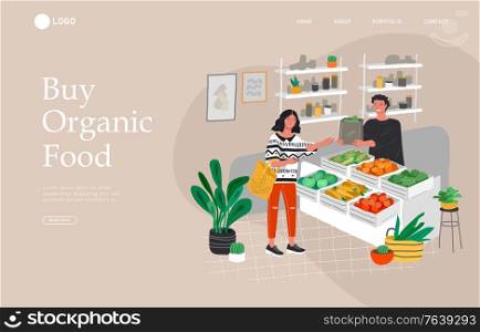 Landing page template with Girl grocery shopping healthy green eco food in a store or market. Daily life and everyday routine scene by young woman in scandinavian style cozy interior. Cartoon vector illustration. Landing page template with Girl grocery shopping healthy green eco food in a store or market. Daily life and everyday routine scene by young woman in scandinavian style cozy interior. Cartoon vector