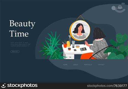 Landing page template with Girl makes make up in front of a mirror for skin care and beauty blogging. Daily life and everyday routine scene by young woman in scandinavian style cozy interior. Cartoon vector illustration. Landing page template with Girl makes make up in front of a mirror for skin care and beauty blogging. Daily life and everyday routine scene by young woman in scandinavian style cozy interior. Cartoon vector