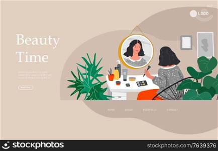 Landing page template with Girl makes make up in front of a mirror for skin care and beauty blogging. Daily life and everyday routine scene by young woman in scandinavian style cozy interior. Cartoon vector illustration. Landing page template with Girl makes make up in front of a mirror for skin care and beauty blogging. Daily life and everyday routine scene by young woman in scandinavian style cozy interior. Cartoon vector