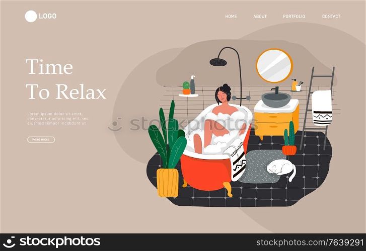 Landing page template with Girl relaxes in bath with foam and sleeping cat. Daily life and everyday routine scene by young woman in scandinavian style cozy bathroom. Cartoon vector illustration.. Landing page template with Girl relaxes in bath with foam and sleeping cat. Daily life and everyday routine scene by young woman in scandinavian style cozy bathroom. Cartoon vector