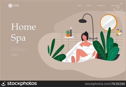 Landing page template with Girl relaxes in bath with foam and sleeping cat. Daily life and everyday routine scene by young woman in scandinavian style cozy bathroom. Cartoon vector illustration.. Landing page template with Girl relaxes in bath with foam and sleeping cat. Daily life and everyday routine scene by young woman in scandinavian style cozy bathroom. Cartoon vector