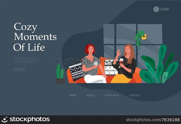Landing page template with girl sitting and resting on the couch with a cat and coffee. Daily life and everyday routine scene by young woman in scandinavian style cozy. Cartoon vector illustration.. Landing page template with girl sitting and resting on the couch with a cat and coffee. Daily life and everyday routine scene by young woman in scandinavian style cozy. Cartoon vector