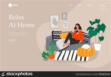 Landing page template with girl sitting and resting on the couch with a cat and coffee. Daily life and everyday routine scene by young woman in scandinavian style cozy. Cartoon vector illustration.. Landing page template with girl sitting and resting on the couch with a cat and coffee. Daily life and everyday routine scene by young woman in scandinavian style cozy. Cartoon vector