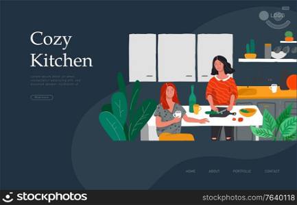 Landing page template with Girlfriends preparing dinner in kitchen drink coffee and talking. Daily life and everyday routine scene by young woman in scandinavian style cozy interior. Cartoon vector illustration. Landing page template with Girlfriends preparing dinner in kitchen drink coffee and talking. Daily life and everyday routine scene by young woman in scandinavian style cozy interior. Cartoon vector